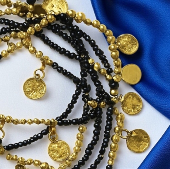 🆕 Handmade Indian Artisan Gold & Black Coin Charm 8-Piece Beaded Bracelet Set - Picture 4 of 11